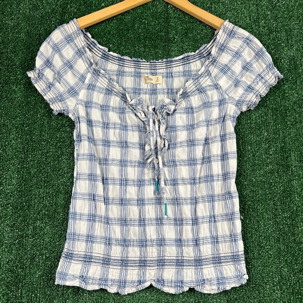 VTG Hollister Women's Blue White Plaid Top S Off Shoulder Smocked Cotton Blouse